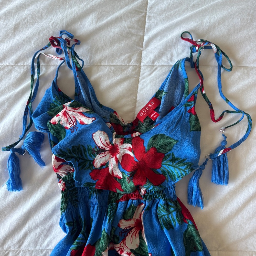 Guess Blue Tropical Floral High Low Ruffle Maxi Dress Extra Small - Picture 5 of 8